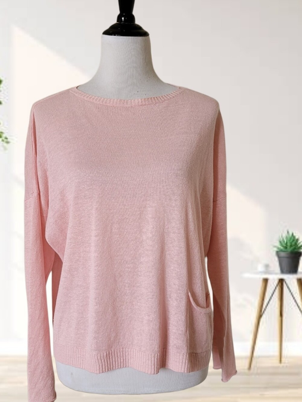 EILEEN FISHER 100% Organic Linen Knit Boxy Pink Top PL Side Pocket